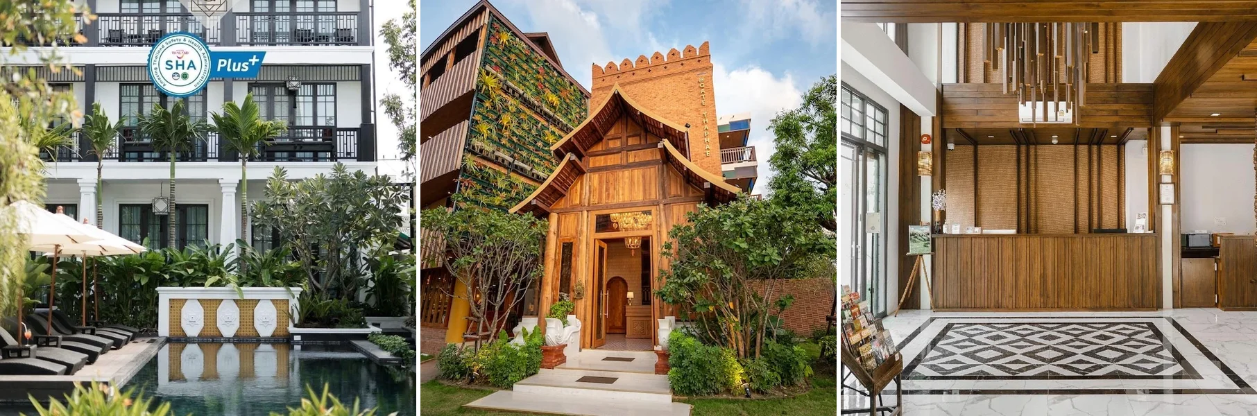จากซ้าย: ภายนอก อักษรา เฮอริเทจ, โรงแรมแอท เกท ท่าแพ, Paraiso Hotel Chiangmai